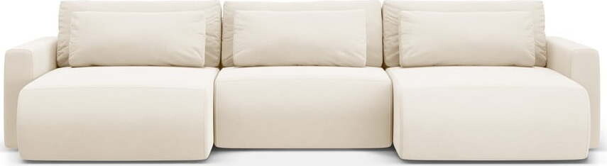 Béžová sametová rozkládací rohová pohovka s úložným prostorem (do 