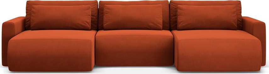 Sametová rozkládací rohová pohovka s úložným prostorem v cihlové barvě (do