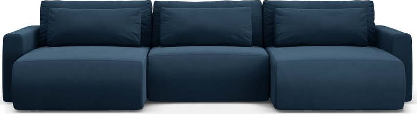 Tmavě modrá sametová rozkládací rohová pohovka s úložným prostorem (do 