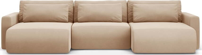 Světle hnědá sametová rozkládací rohová pohovka s úložným prostorem (do