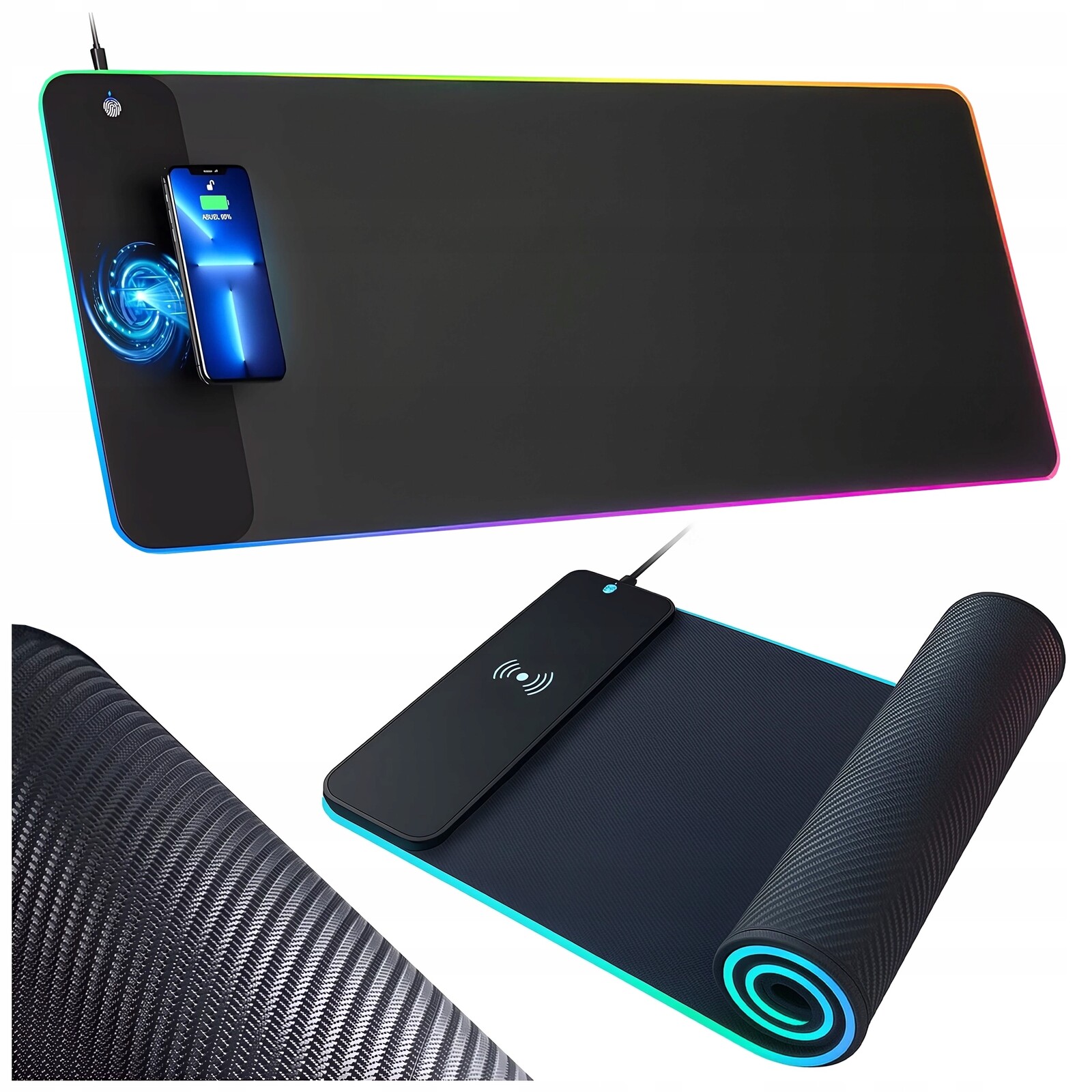 Velká Herní Podložka Pod Myš Rgb XL S Led Podsvícením A Nabíječkou Qi