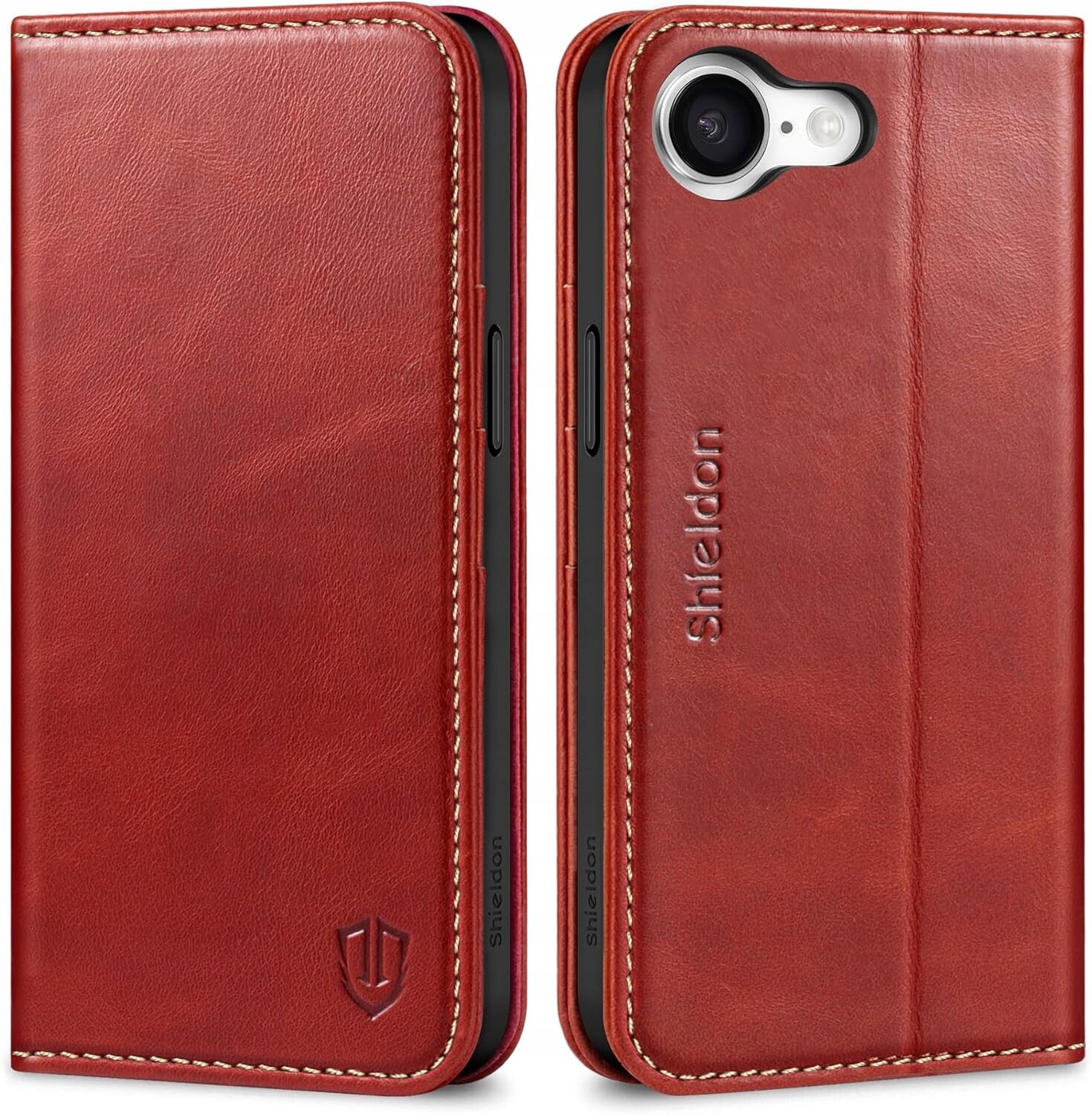 Shieldon přírodní pouzdro pro iPhone 16e, peněženka Rfid s klopou, červená