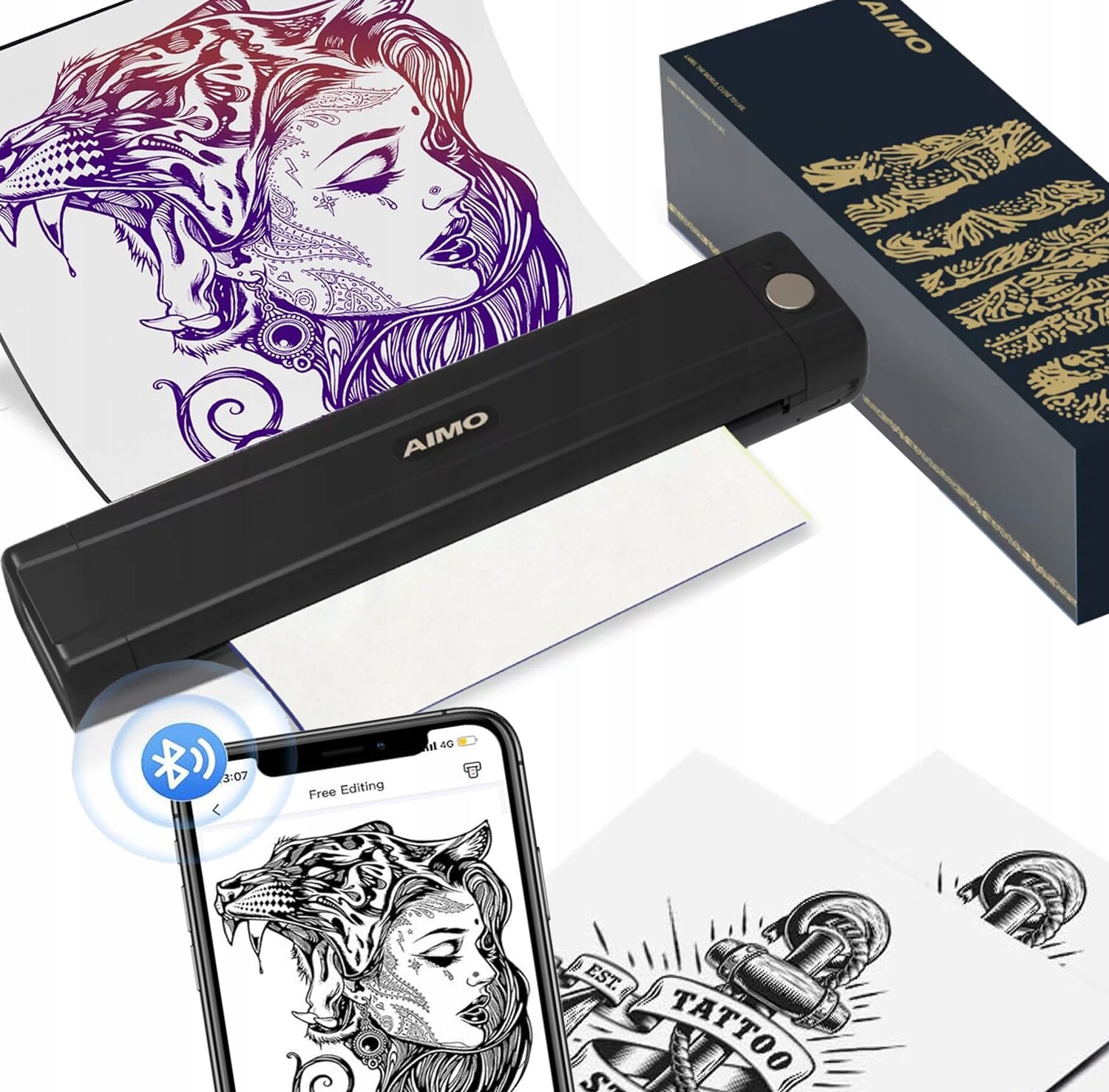 Přenosná tiskárna A4 M08E-WS 203DPI tetování bluetooth termální kalka