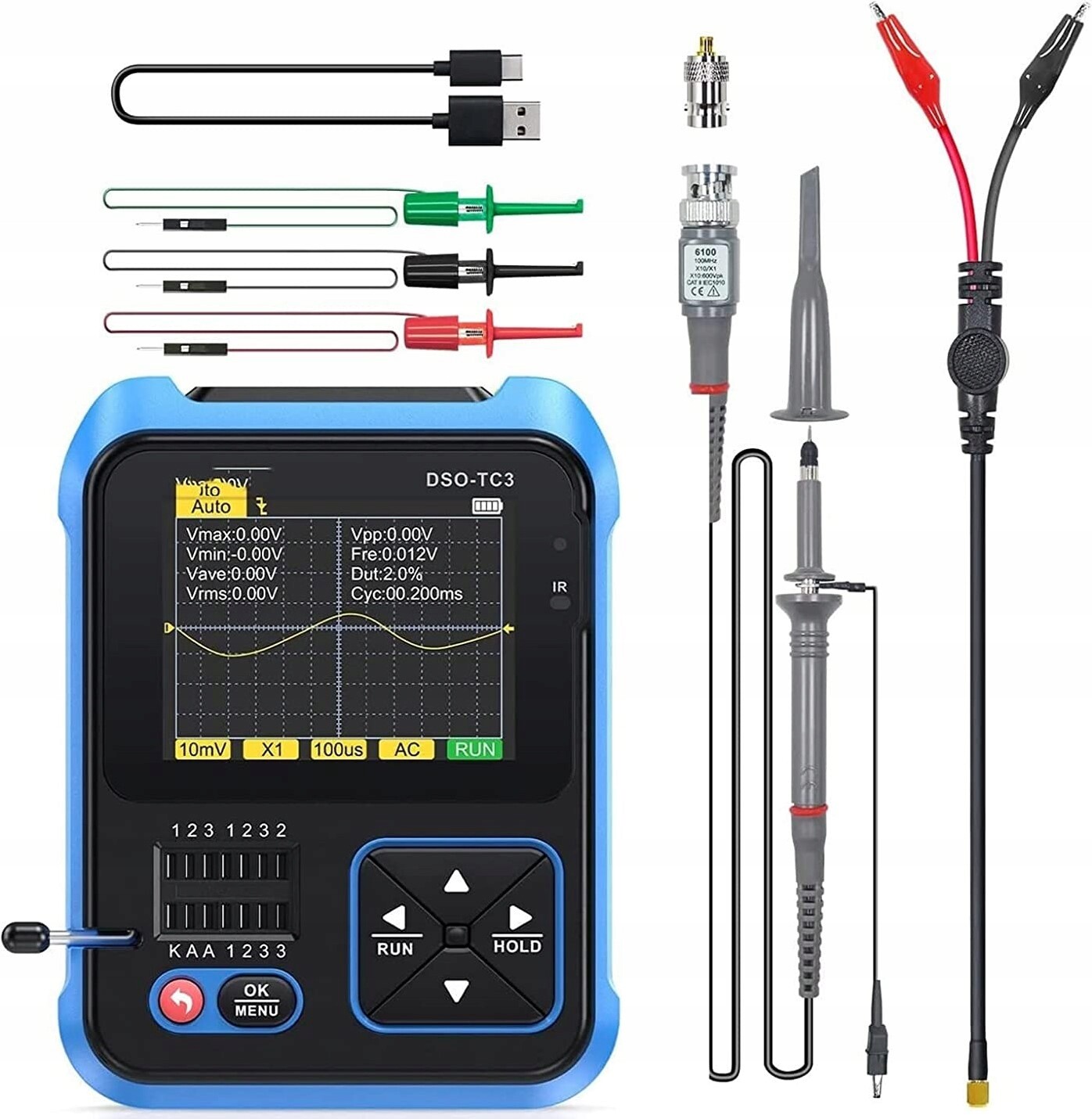 DSO-TC3 přenosný osciloskop s testerem Lcr a generátorem Dds sonda P6100