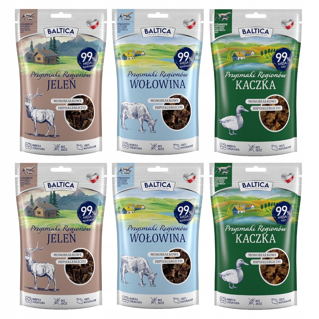 Baltica 6x80g Hypoalergenní Psí Pamlsek Hovězí jelen Kachna