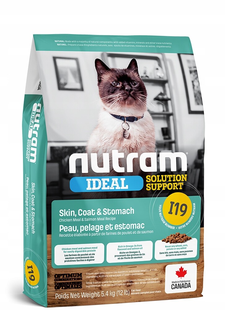 Nutram Cat I19 Skin Coat Stomach 5.4 kg Citlivé dospělé kočky Losos Kuře