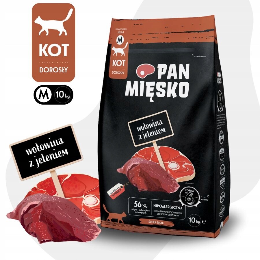 Pan Mięsko Krmivo suché pro kočky Hovězí Maso s Jelenem Střední křupky M 10 kg