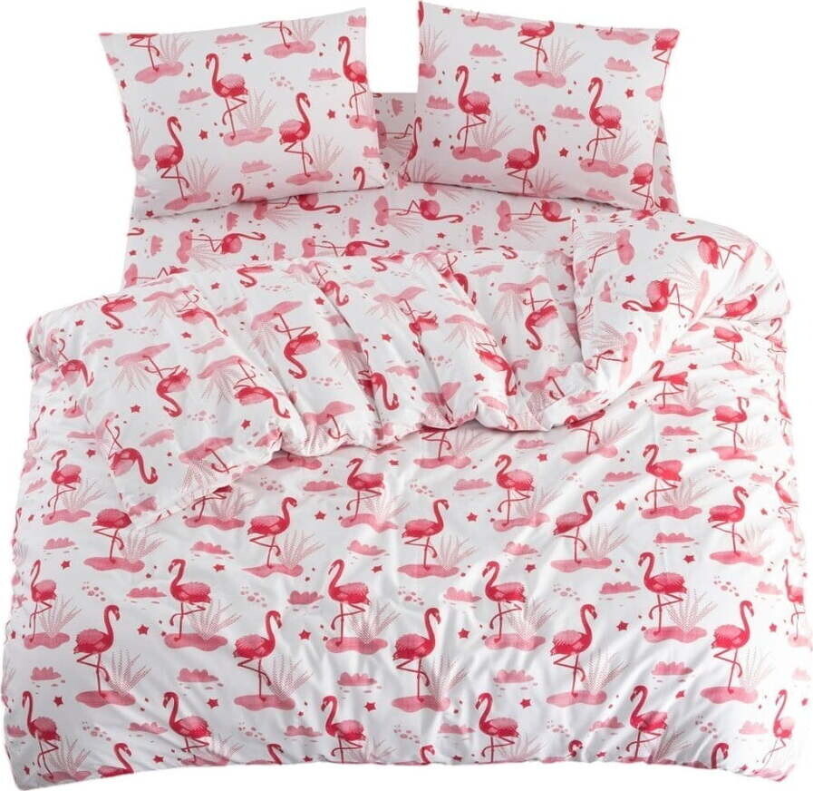 Bílo-růžové povlečení na jednolůžko/prodloužené s prostěradlem/3dílné 160x220 cm Flamingo – Mila Home