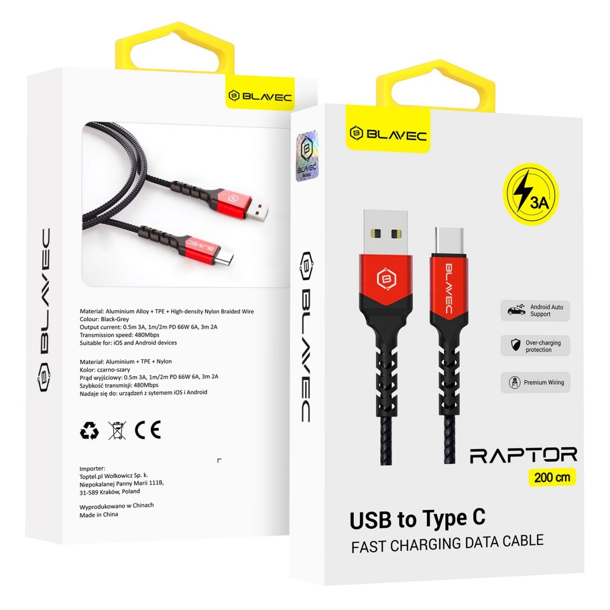 Datový kabel Blavec Raptor braided USB-A - USB-C 3A 2m Apple CarPlay/Android Auto (CRA-UC3BR20) black-red