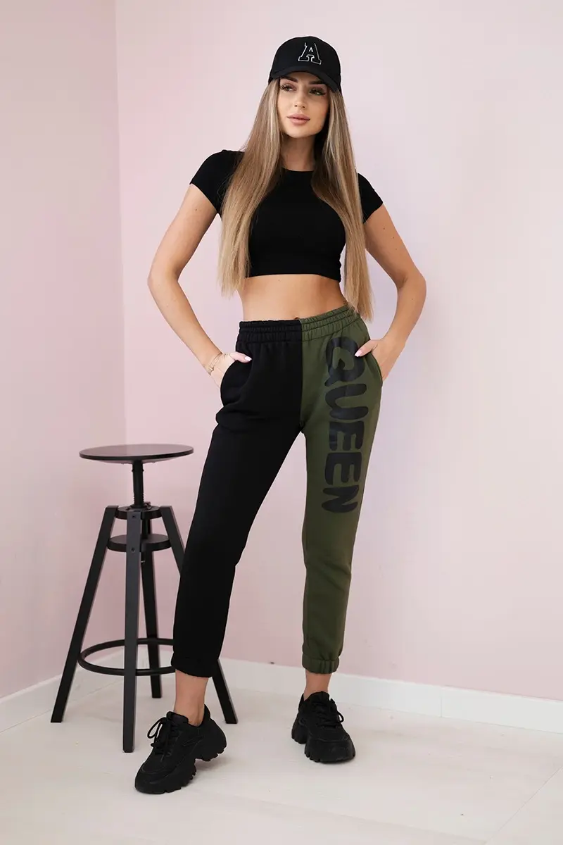 Kesi Dámské tepláky s nápisem QUEEN khaki