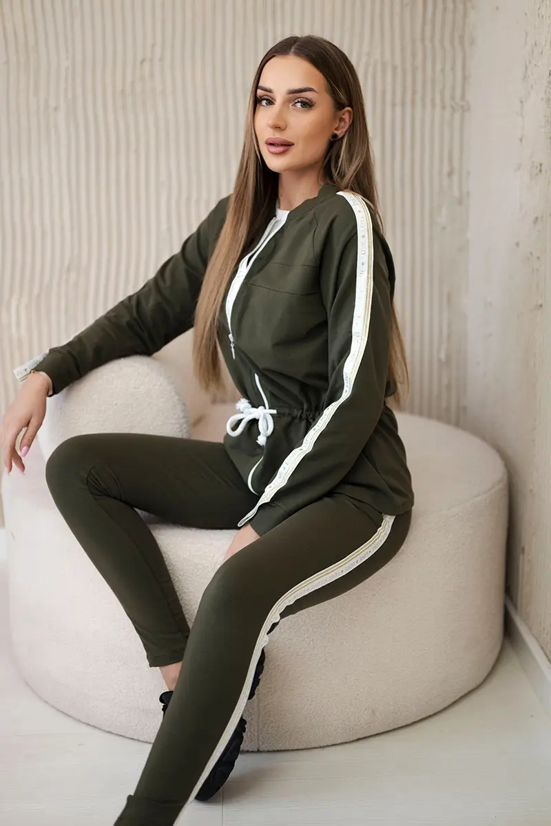 Kesi Dámská bavlněná souprava s proužky a stahovacími lemy khaki