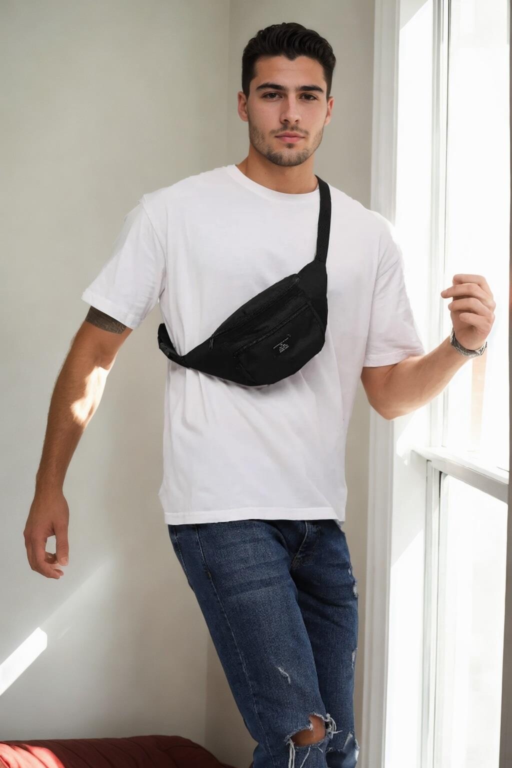 72422 Dewberry Unisex 2 Compartment Shoulder and Waist Bag-BLACK