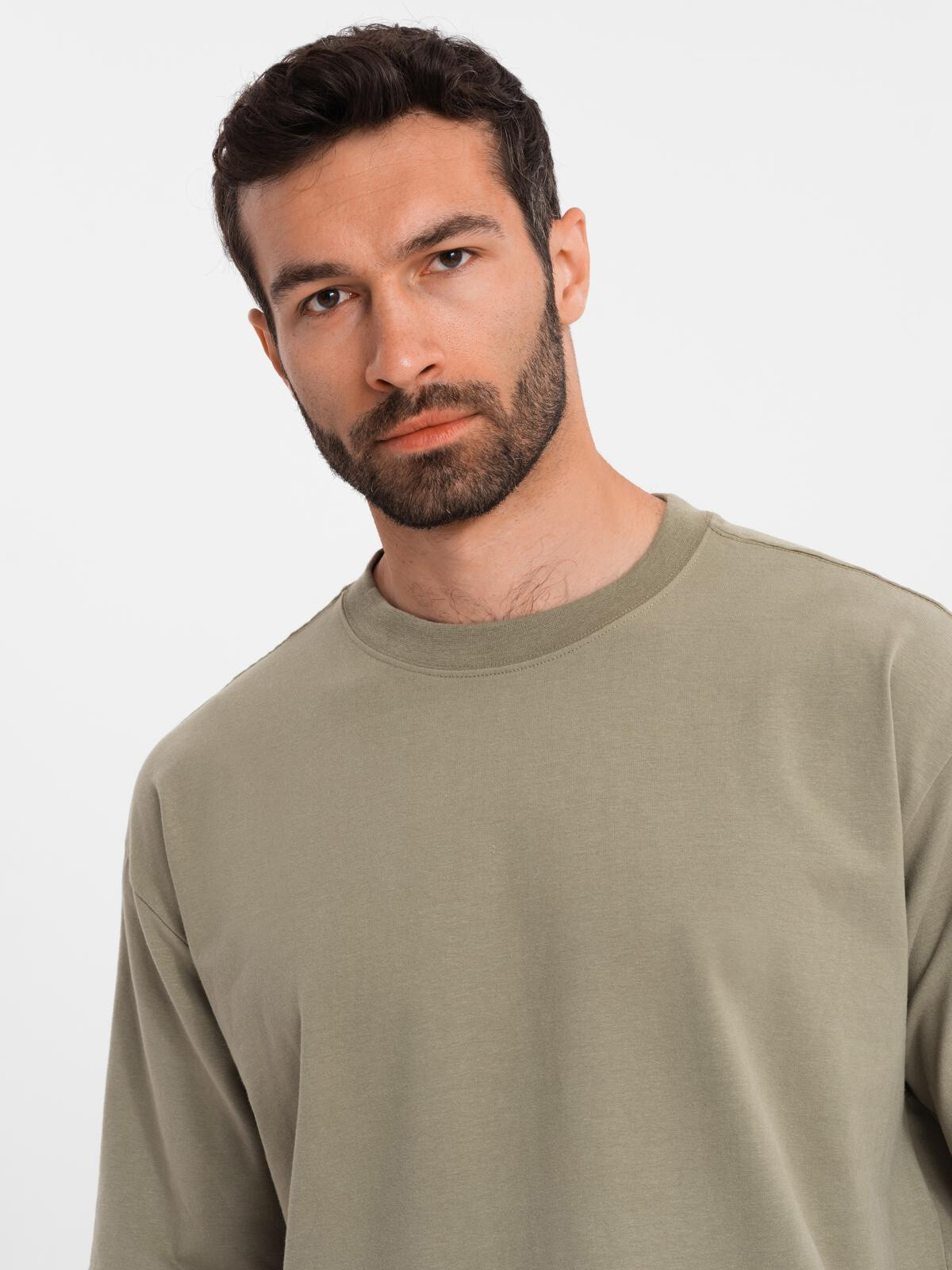Ombre Men's LOOSE FIT cotton t-shirt with round neckline - khaki