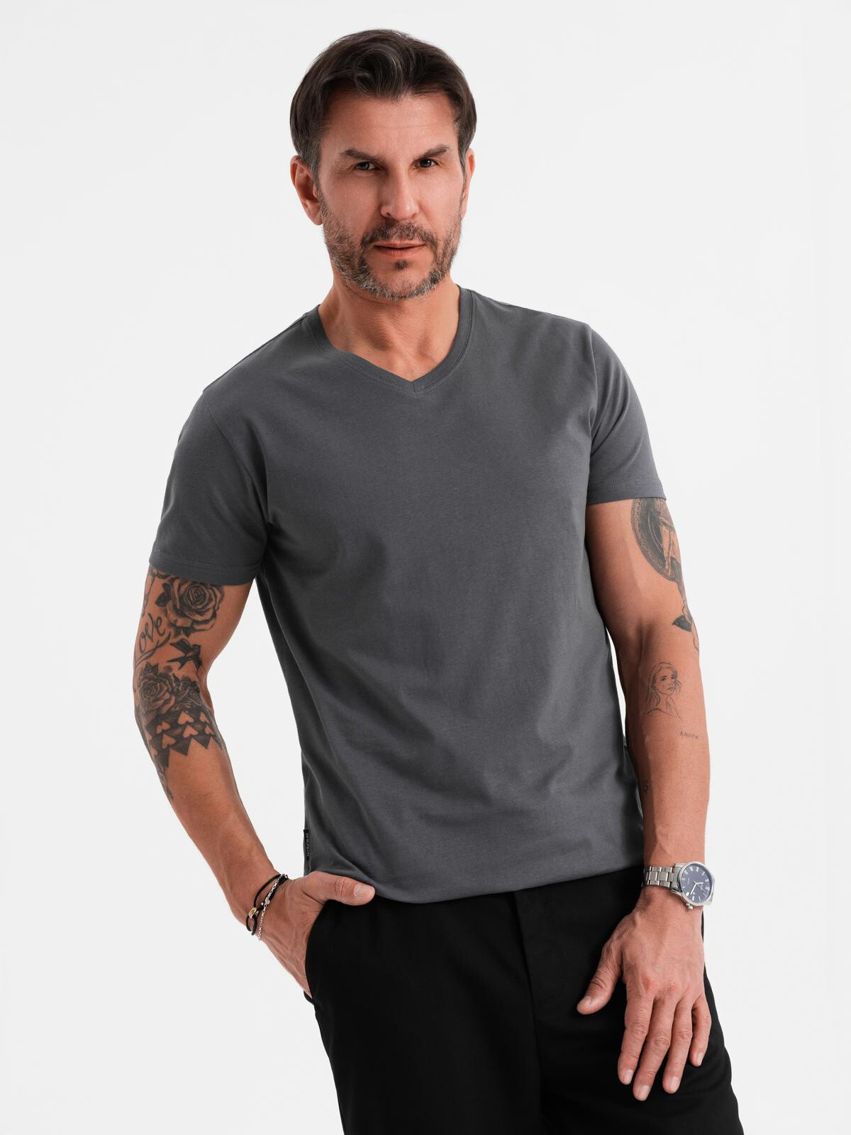 Ombre Men's BASIC classic cotton T-shirt with a serape neckline - graphite