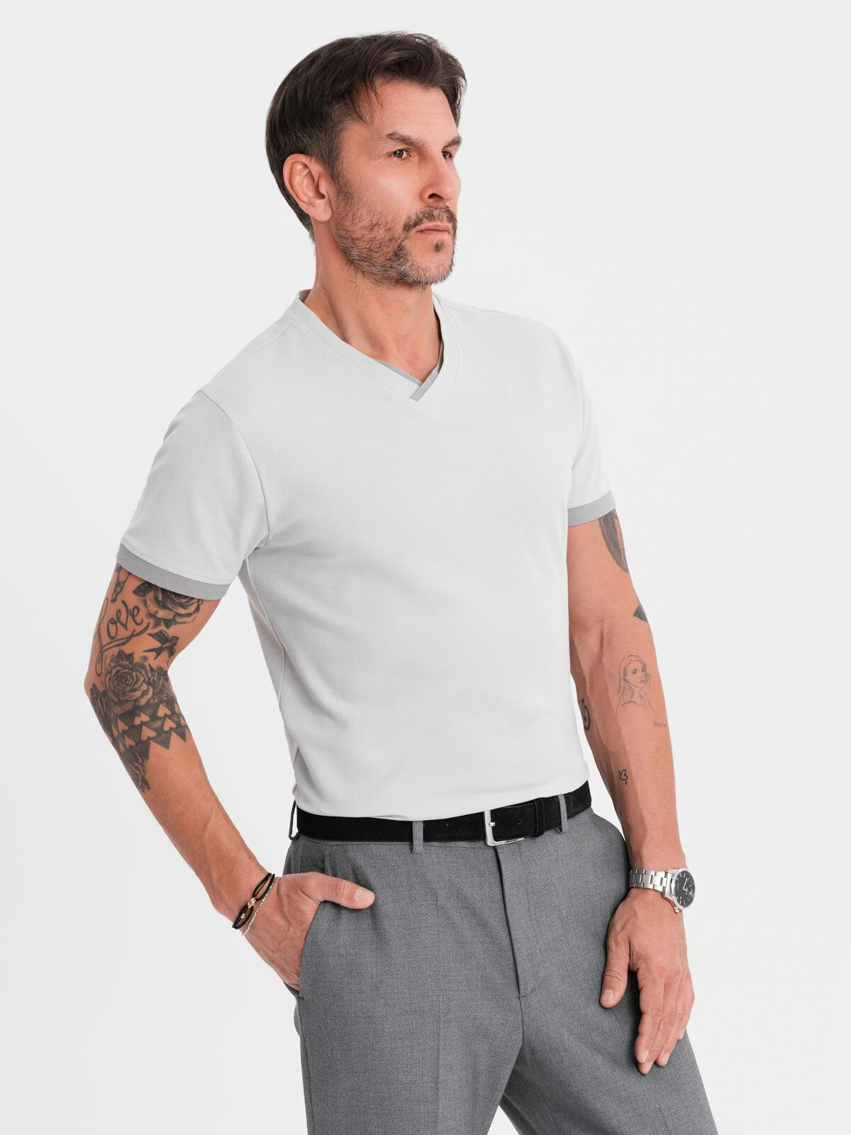 Ombre Men's T-shirt with contrasting inserts and crew neckline - light grey