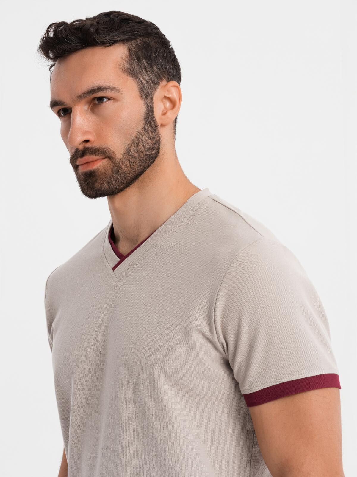 Ombre Men's T-shirt with contrasting inserts and v-neck - beige