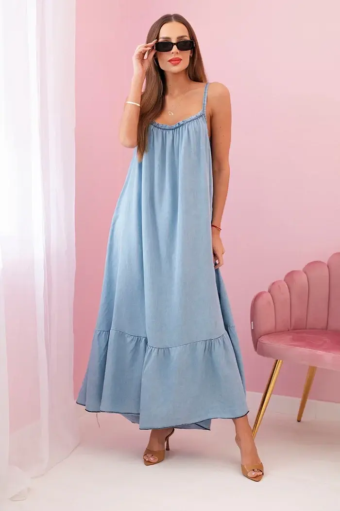 Kesi Włoski Dámské šaty na ramínka s volánem světlý denim