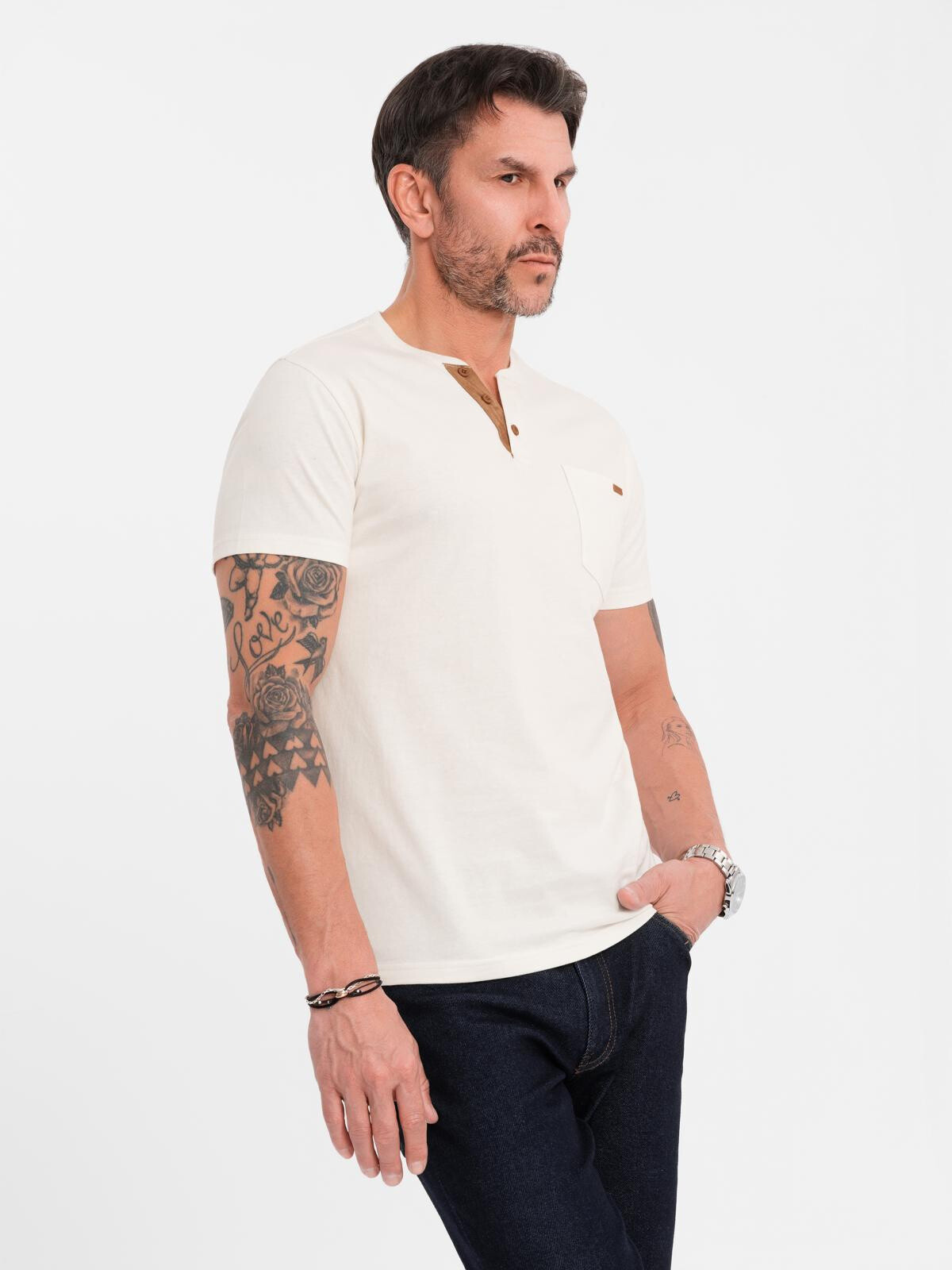 Ombre Men's t-shirt with button neckline and suede trim - white