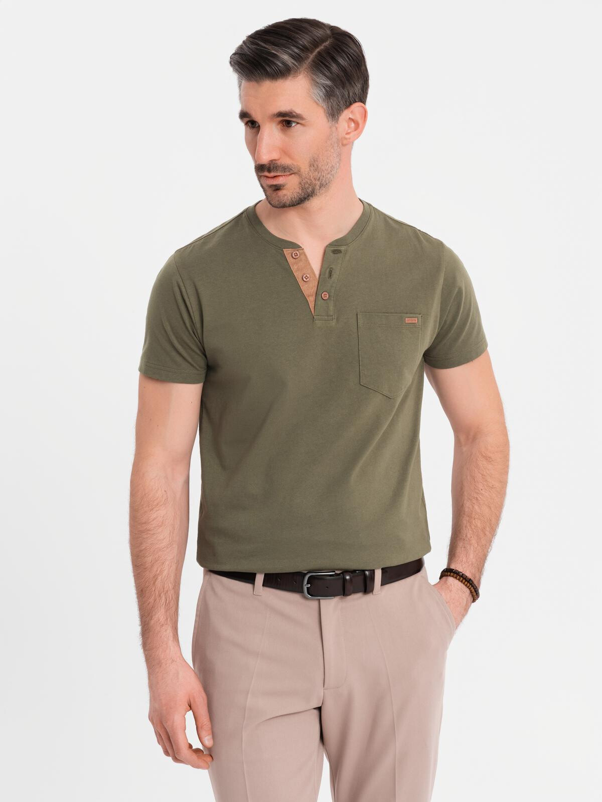 Ombre Men's T-shirt with button neckline and suede trim - dark olive