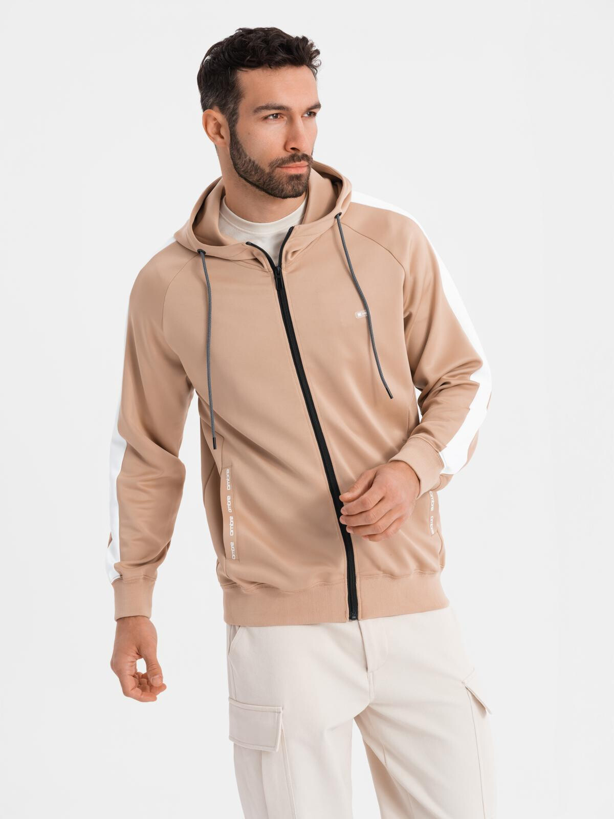Ombre Unzipped men's hooded sweatshirt with piping - beige
