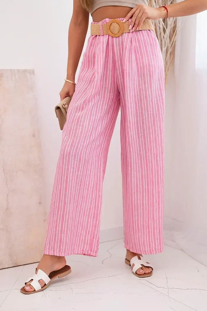 Kesi Włoski Dámské pruhované viskózové kalhoty se širokými nohavicemi růžový