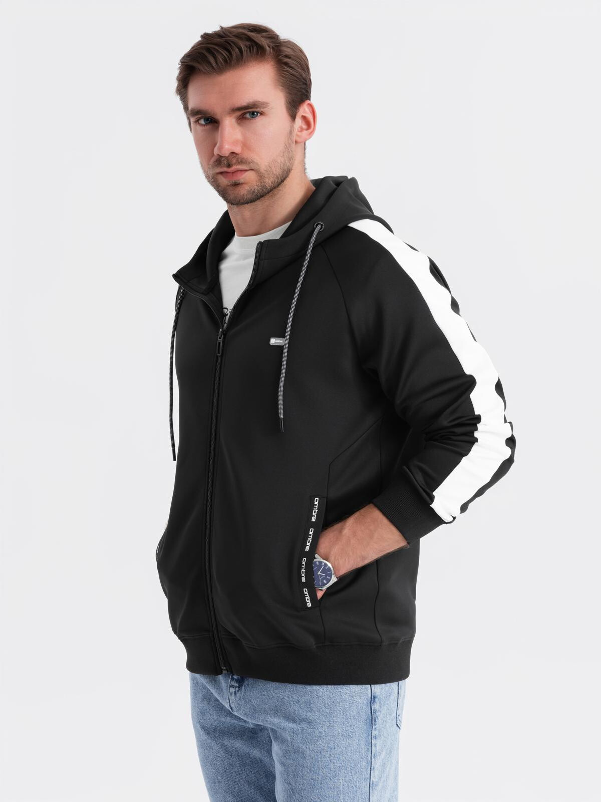 Ombre Men's unbuttoned hooded sweatshirt with piping - black