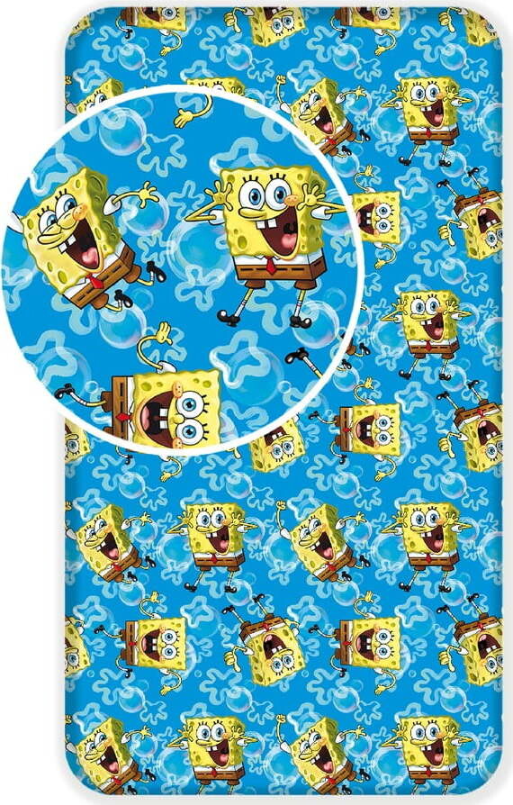 Modré napínací bavlněné dětské prostěradlo 90x200 cm Sponge Bob