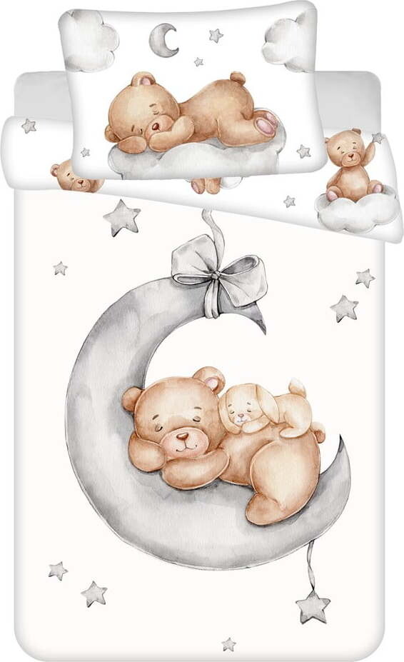 Bílé bavlněné dětské povlečení do postýlky 100x135 cm Teddy Bear 