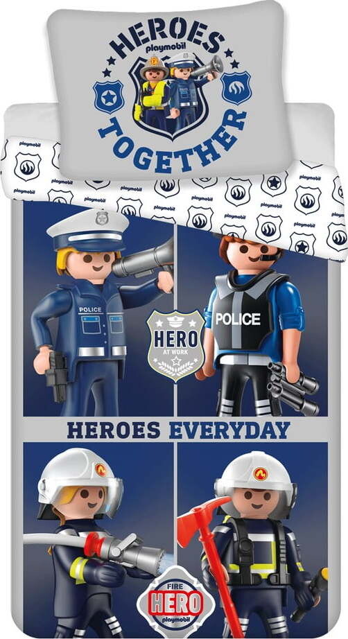 Modro-šedé bavlněné dětské povlečení na jednolůžko 140x200 cm Playmobil – Jerry Fabrics