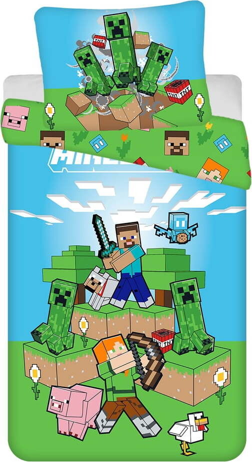 Zeleno-modré bavlněné dětské povlečení na jednolůžko 140x200 cm Minecraft