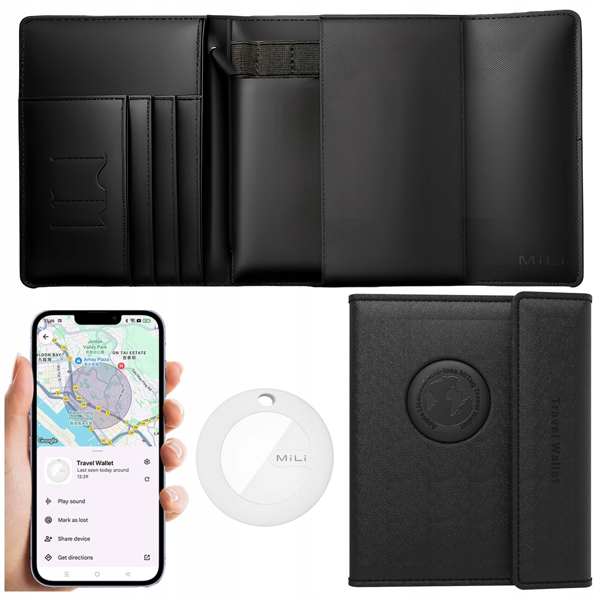 Gps lokátor MILI cestovní peněženka s lokátorem MiTag Android Černá