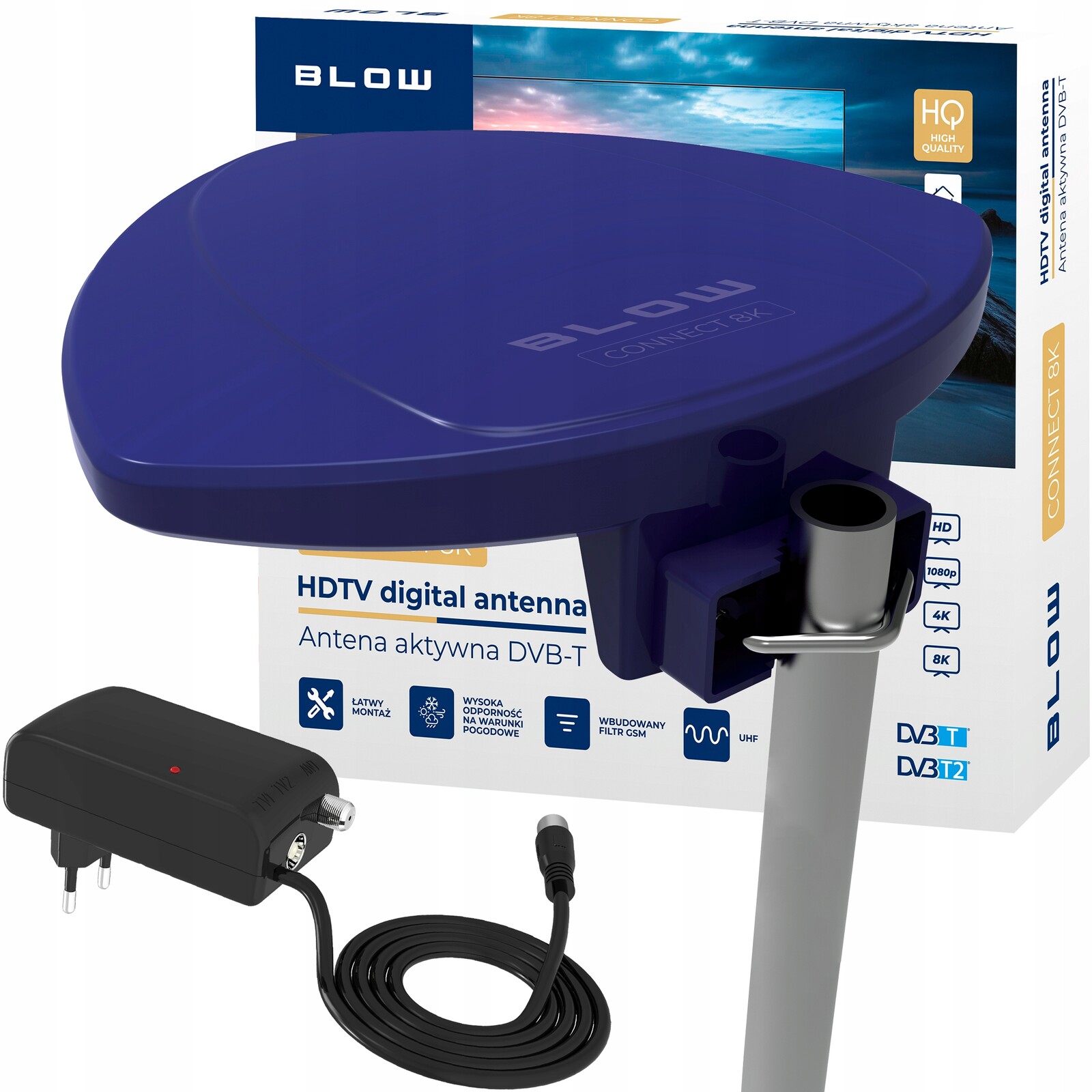 Aktivní Externí Anténa DVB-T2 Hd Tv 4K 8K MUX8 Filtr Gsm Uhf Napájecí Zdroj