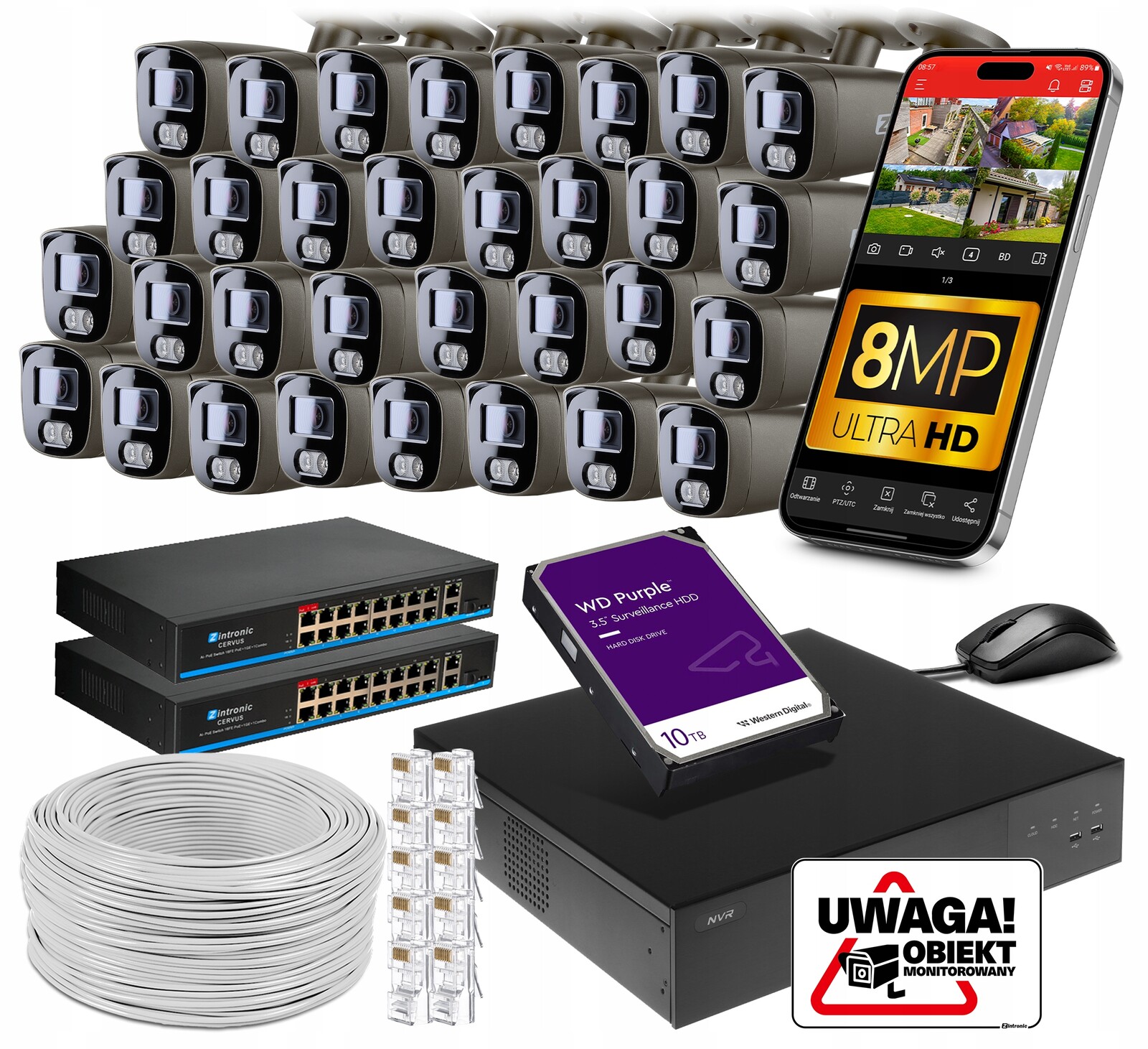 Ip monitorovací sada Poe B8 32 Kamery 8MPx Disk 10TB, Audio, Dual Light