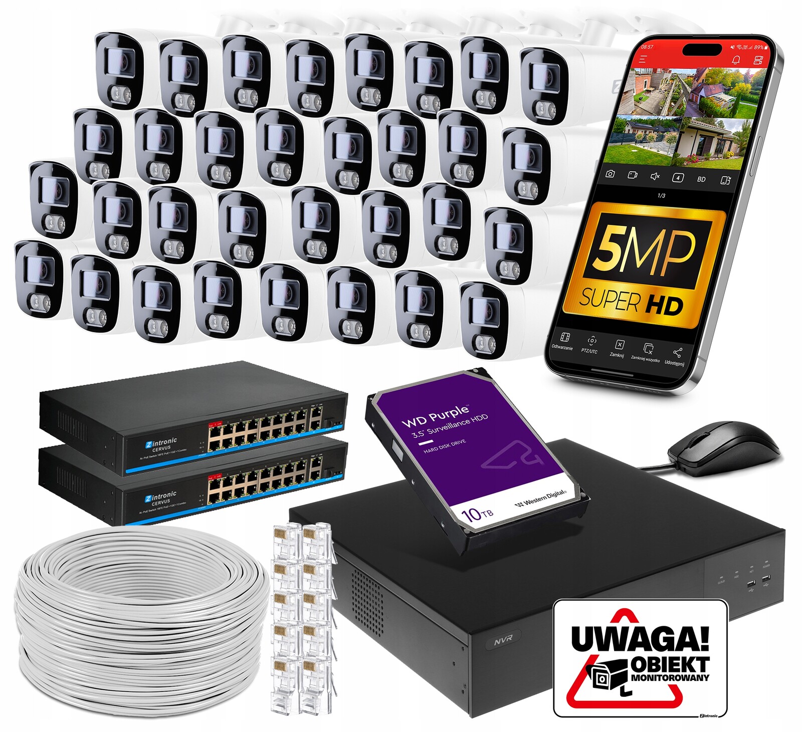 Ip monitorovací sada Poe B5 32 Kamery 5MPx Disk 10TB, Audio, Dual Light