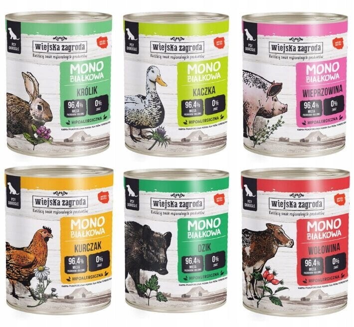 Wiejska Zagroda Mokré krmivo Monoproteinové pro psa MIX Chutí 6x800g Set