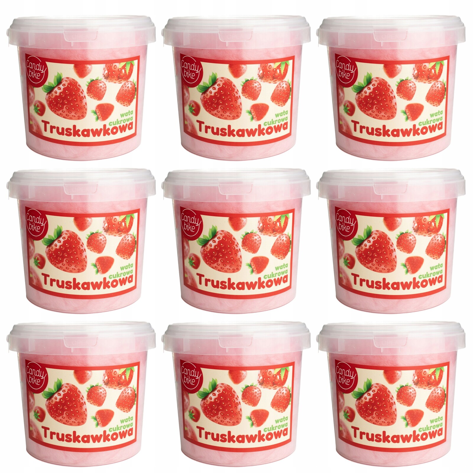 Cukrová vata 1l Jahodová Sada 9 Kusů Dárek Sladkosti Nadýchaná Sladká