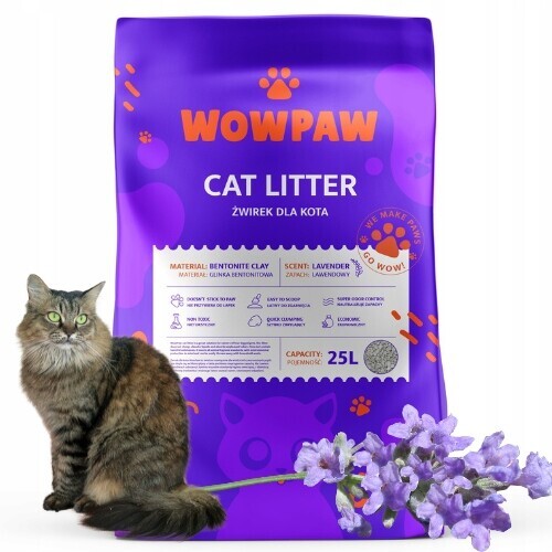 WowPaw bentonitové stelivo levandulový štěrk 25 l, vůně levandule 20 kg, výkonný štěrk
