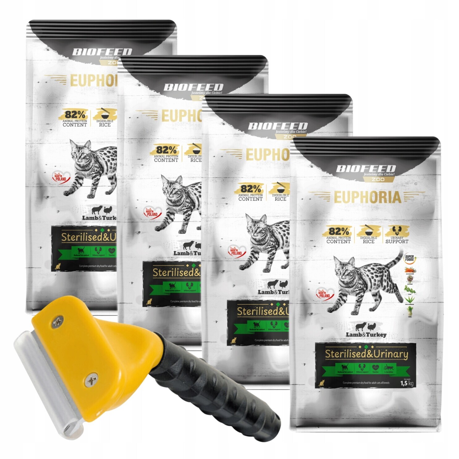 Biofeed Euphoria krmivo pro kočky Krůta&Jehněčí maso 1,5 kg x 4+kartáč Bonus