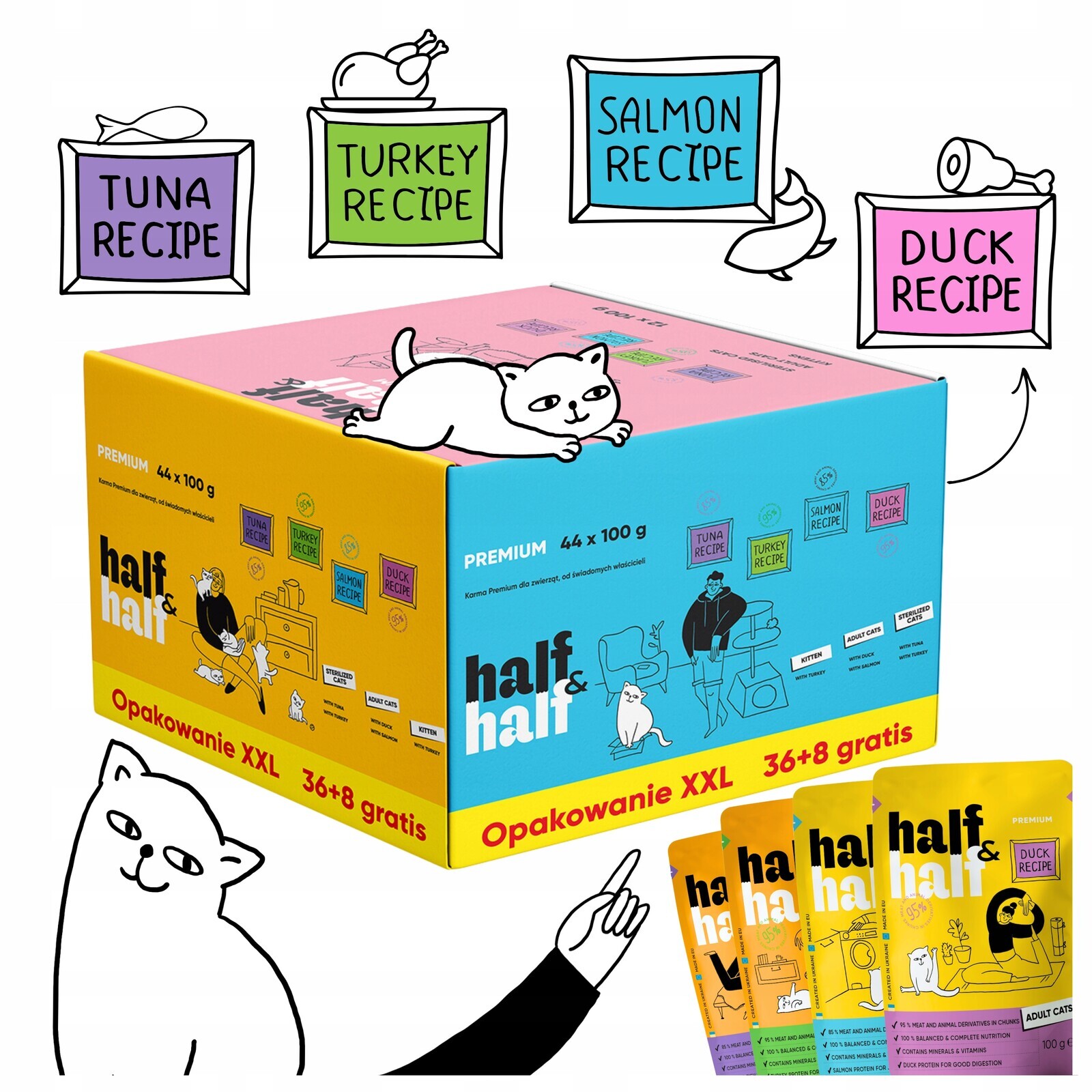 Mokré Krmivo pro kočky Halfhalf MIX Chutí sáčky Želé Želé 36+8 Bonus