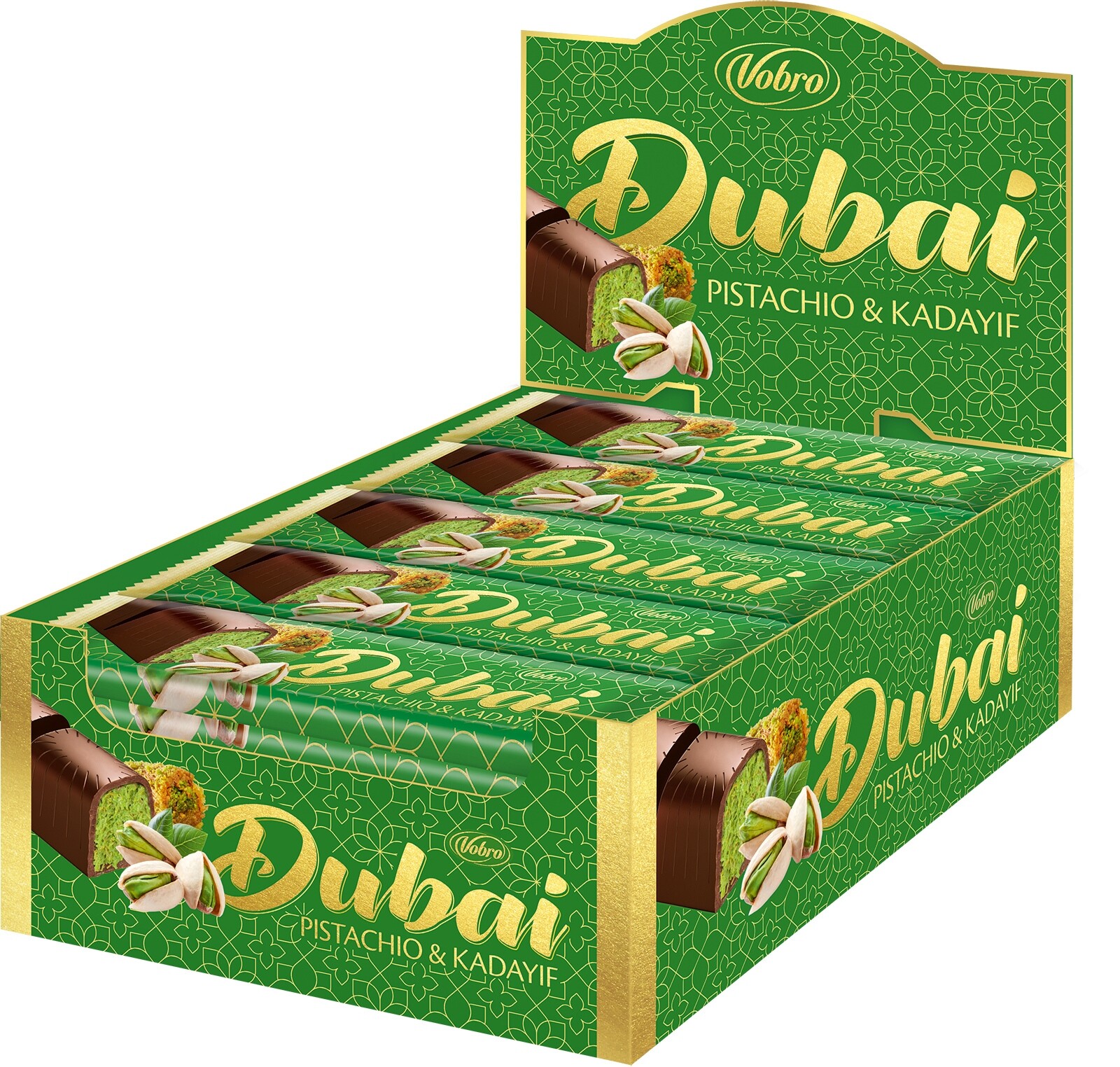 24 x Vobro Dubai Pistachio & Kadayif tyčinka s pistáciovou náplní 37,5 g