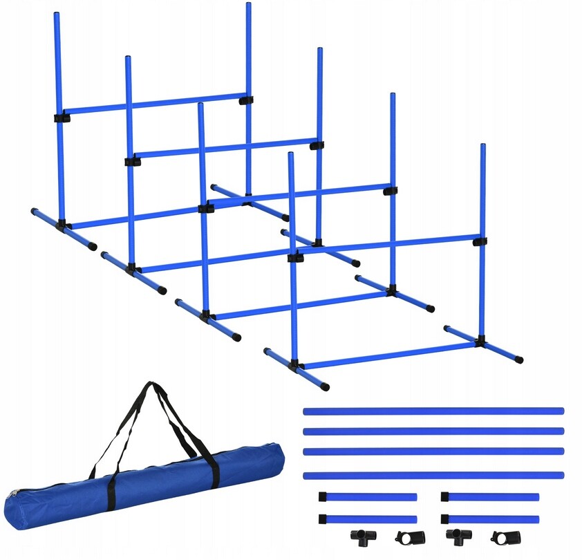 PawHut Agility Sloupky Do Slalomu Stacionáta 4 x Plot modrý 99x65 x 94