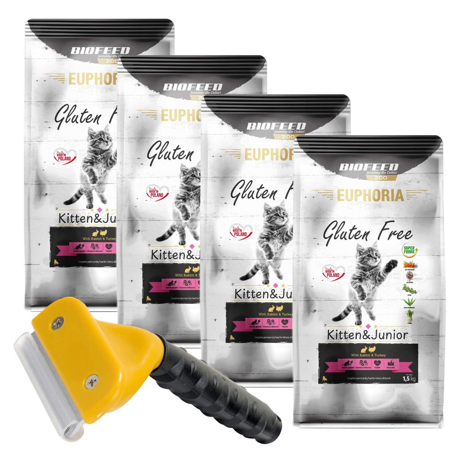 Biofeed Euphoria Junior krmivo pro kočky krůta&králík 1,5 kgx4+kartáč Bonus