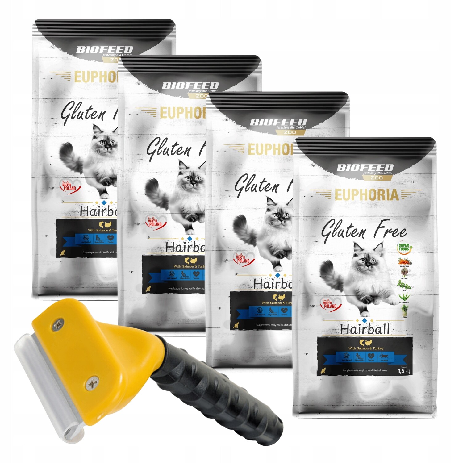 Biofeed Euphoria krmivo pro kočky Krůta&Losos 1,5 kg x4 kartáč Bonus