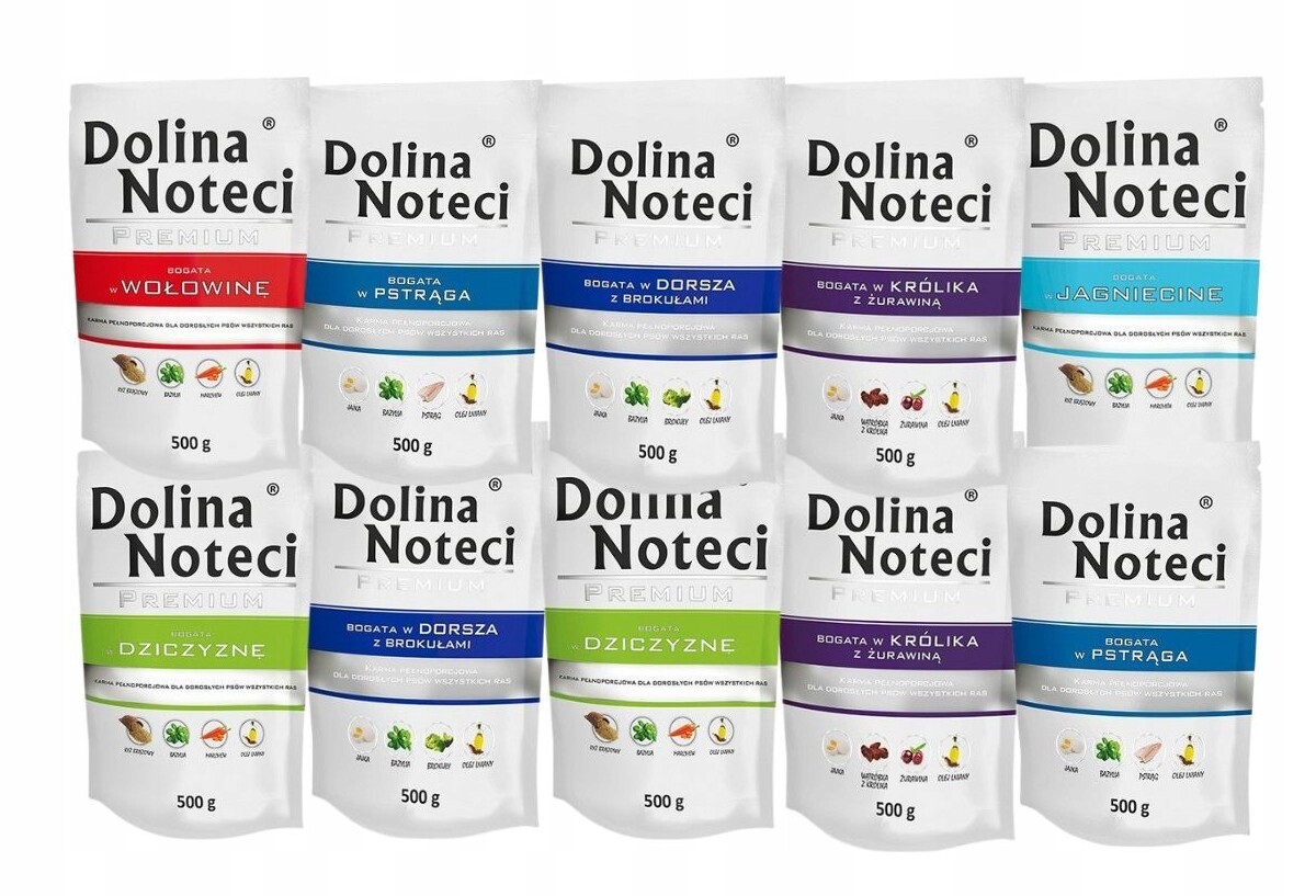 Vlhké krmivo pro psy Dolina Noteci Premium mix chutí 10x500 g Bez Drůbeže