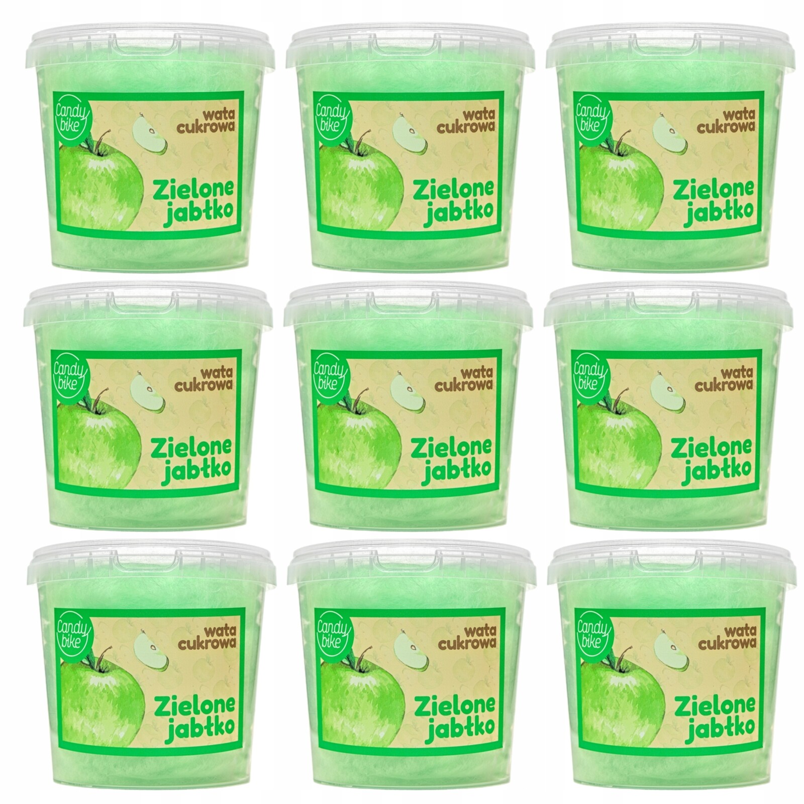 Cukrová vata 1l Z. Jablka Sada 9 Kusů Dárek Sladkosti Nadýchaná Sladká