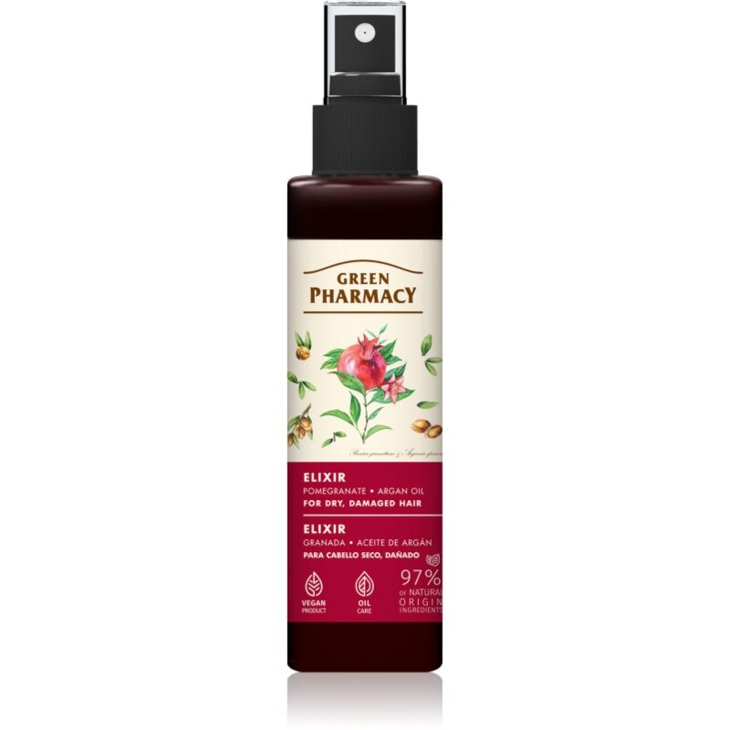 Green Pharmacy Argan Oil & Pomegranate Elixir bezoplachový elixír pro poškozené a křehké vlasy 150 ml