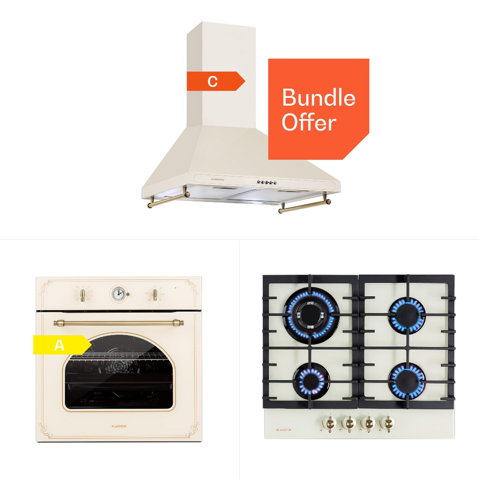Klarstein Victoria 60 Trojitá sada plyn, Plynové varné desky, Trouba, Digestoř