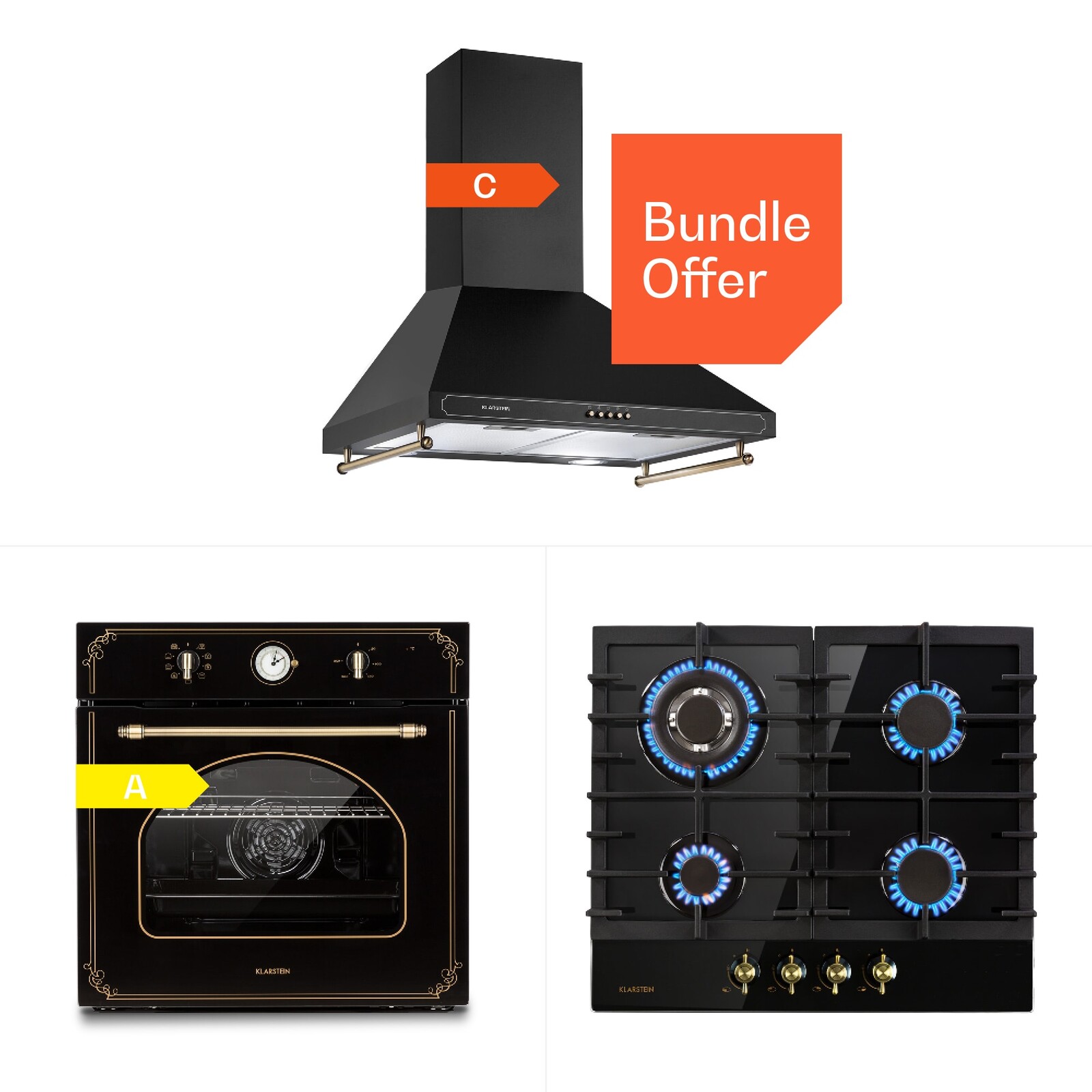 Klarstein Victoria 60 Triple Set plyn, Plynné varné desky, Trouba, Digestoř