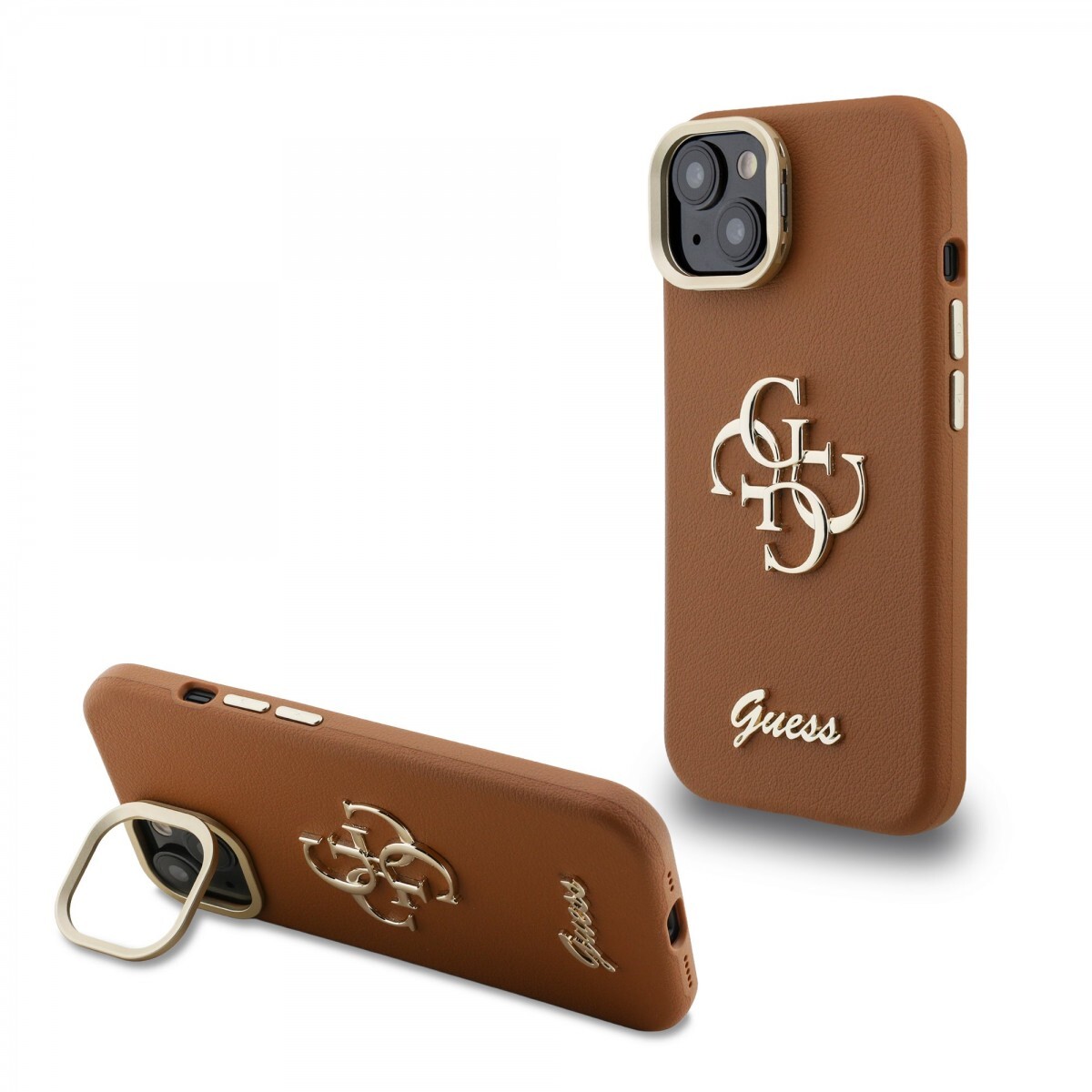 Zadní kryt Guess PU Grained 4G Logo Stand Camera Frame pro iPhone 13 Brown