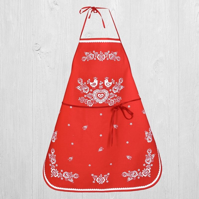 Zástěra kuchyňská, Folk podklad červený
